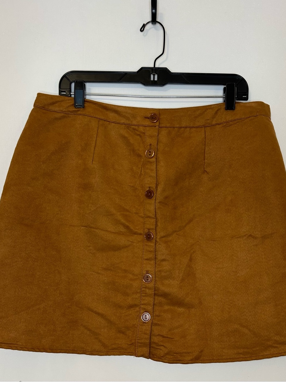 Classic Button-Front Tan/Brown Suede A-Line Mini Skirt